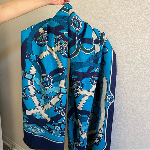 Blue Equestrian Horse Buckle Scarf in the style of Hermes - Picture 2 of 4